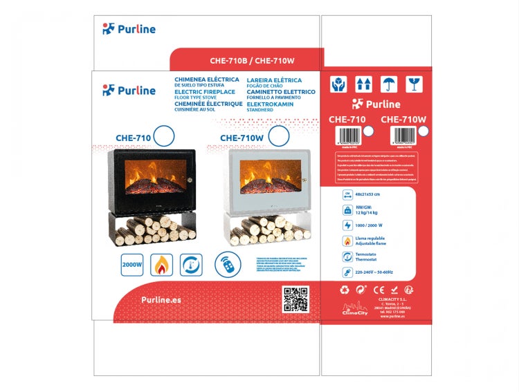Verpackung mit Abbildungen von Purline Elektrokaminen CHE-710 und CHE-710W
