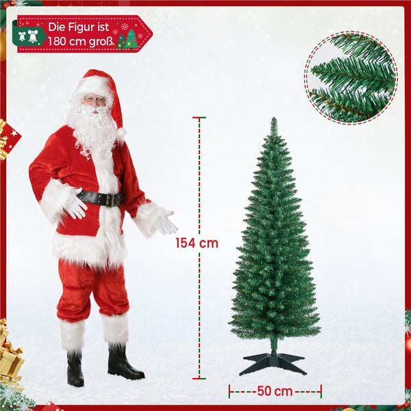 Abbildung eines künstlichen Weihnachtsbaums neben einer 180 cm großen Weihnachtsmannfigur.