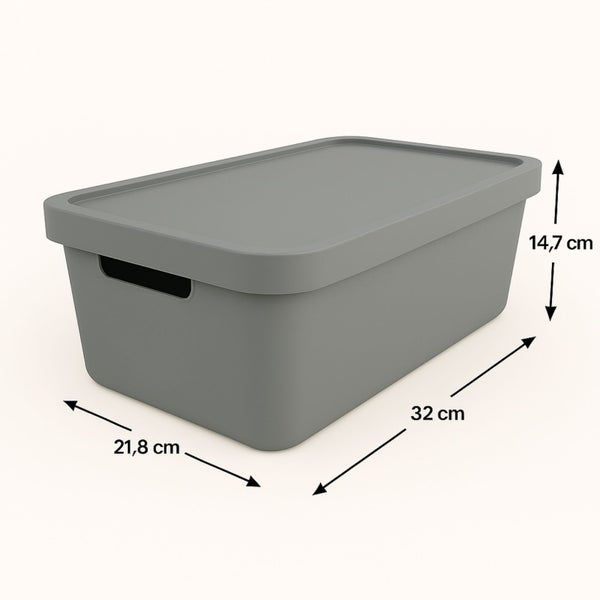 Aufbewahrungsbox aus Kunststoff mit Deckel und den Maßen 32 cm x 21,8 cm x 14,7 cm