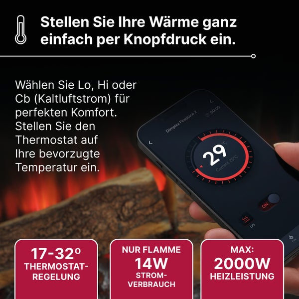 Smartphone-App steuert elektrischen Kamin mit 17 bis 32 Grad Thermostat, 14 Watt Flammenbetrieb und 2000 Watt Heizleistung.