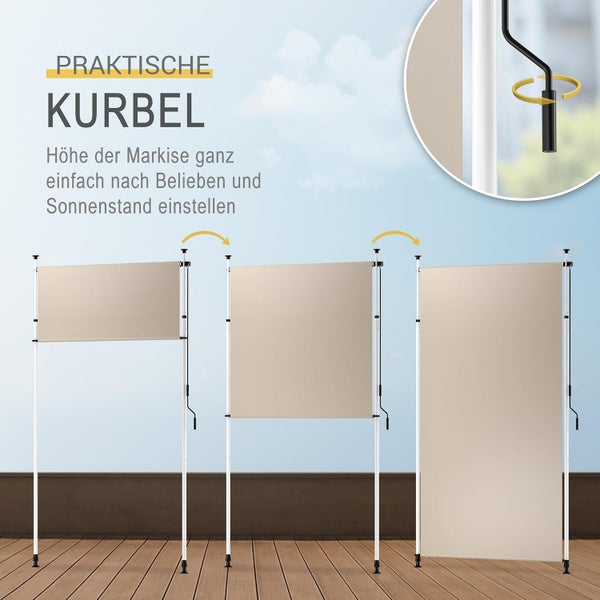 Klemmmarkise mit Handkurbel zur stufenlosen Höhenverstellung in drei verschiedenen Positionen auf einem Balkon.