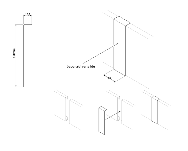 Technische Zeichnung eines Profils mit den Maßen 100 mm Länge, 10,6 mm und 20 mm Tiefe.