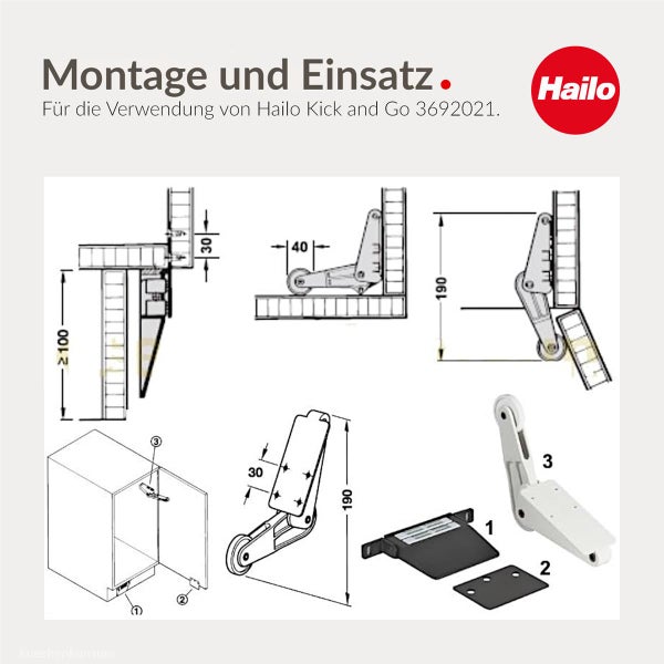 Montage und Einsatz Hailo Kick and Go 3692021 technische Zeichnung mit Abmessungen und Komponenten.
