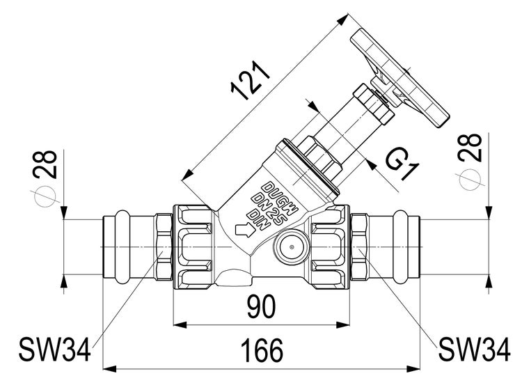 Masszeichnung eines Schrägsitzventils mit Pressanschlüssen, Durchmesser 28 Millimeter, Gesamtlänge 166 Millimeter, Schlüsselweite 34.