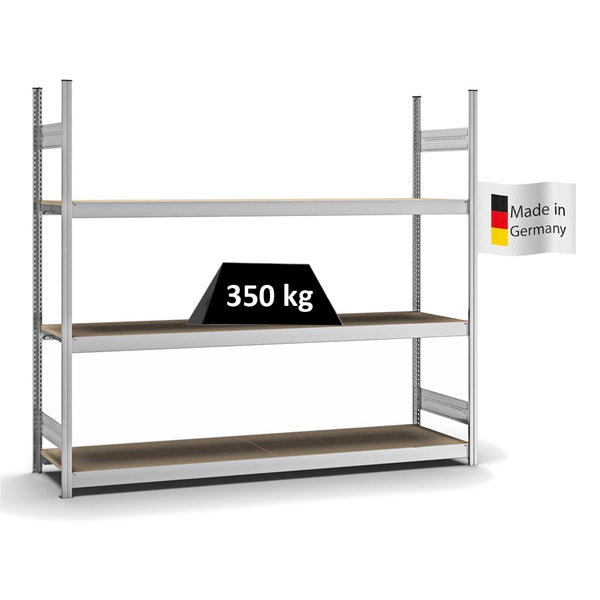 PROREGAL Weitspannregal Stecksystem T-Profil Grundregal HxBxT 200x225x50 cm 3 Ebenen Spanplatten Fachboden Fachlast 350 kg Verzinkt