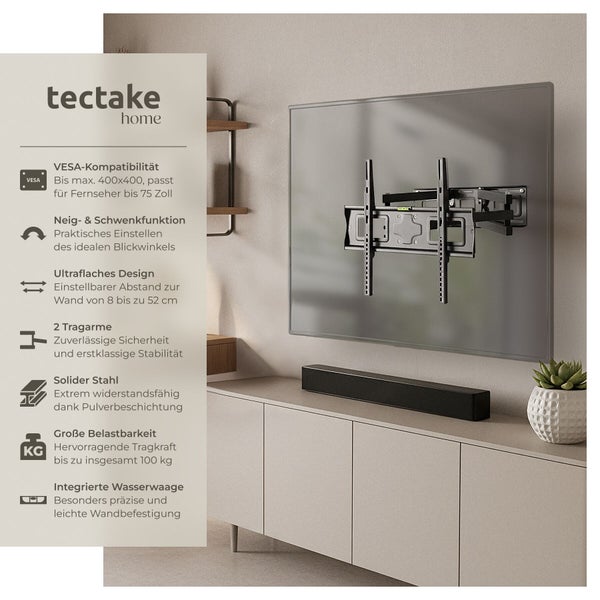 Tectake Home Fernsehhalterung mit VESA-Kompatibilität bis 400x400 für Fernseher bis 75 Zoll an der Wand montiert