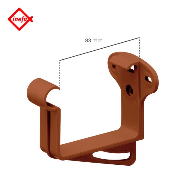 inefa Logo. Dachrinnenhalter für Kastenrinnen aus braunem Kunststoff mit einer Breite von 83 Millimeter.