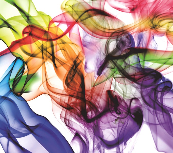 Schlafzimmer mit Wandbild mit farbigen Rauchschwaden