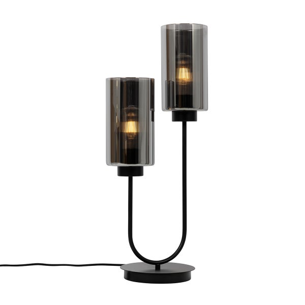 Dekorative Tischleuchte mit zwei rauchfarbenen Glaslampenschirmen und schwarzem Metallsockel