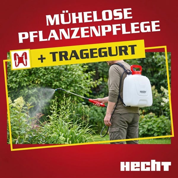 Person verwendet ein Hecht Rückensprühgerät mit Tragegurt bei der Pflanzenpflege im Garten. Hecht Logo.