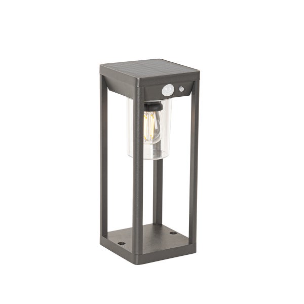 Eckige Solar-Wegeleuchte aus Metall in Anthrazit mit Bewegungsmelder, integriertem Solarpanel und LED-Filament-Leuchtmittel.