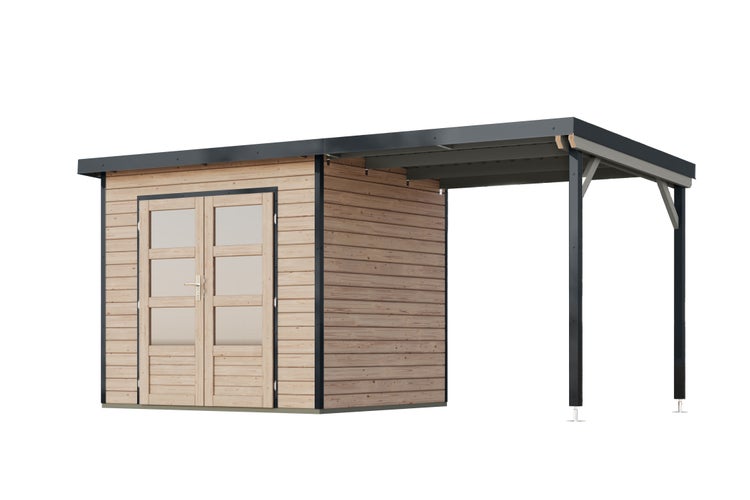 Modernes Gartenhaus aus Holz mit Pultdach, Doppeltür mit Glaseinsätzen und großem Anbaudach auf Pfosten.