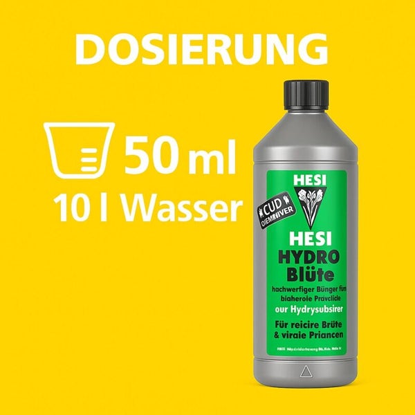Dosierungshinweis für Hesi Hydro Blüte Dünger: 50 Milliliter auf 10 Liter Wasser.