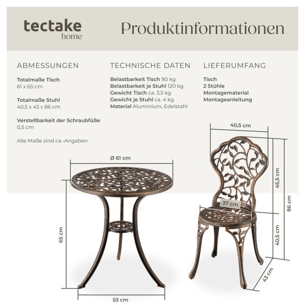 Bistrotisch-Set tectake Lyon Belastbarkeit Stuhl 120 kg für 2 Personen, im Vintage-Design schwarz/grau