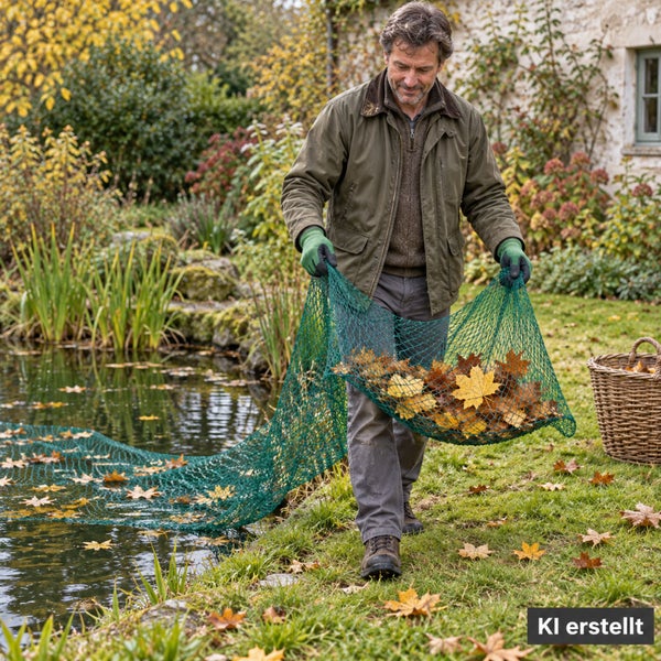 Mann entfernt mit einem Teichkescher Laub aus einem Gartenteich im Herbst.