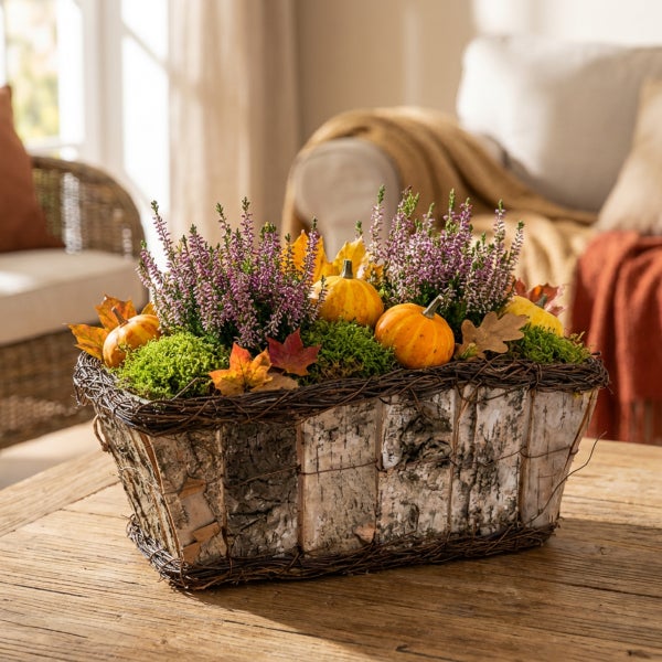 Herbstliches Gesteck mit Heidekraut, Zierkürbissen und Laub in einem länglichen Korb aus Birkenrinde auf einem Holztisch.