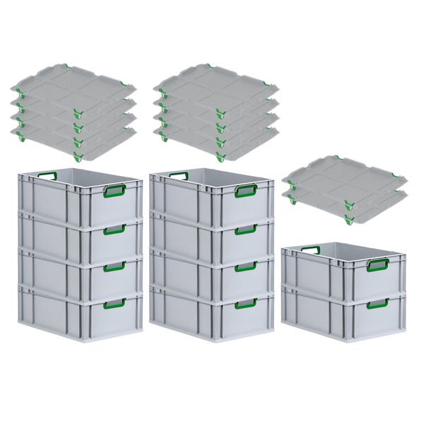 PROREGAL Spar Set 10x Eurobox Nextgen Color Mit Auflagedeckel & Schiebeschnappverschlüsse HxBxT 22 x 40 x 60 cm Griffe Grün Offen Verstärkter Boden