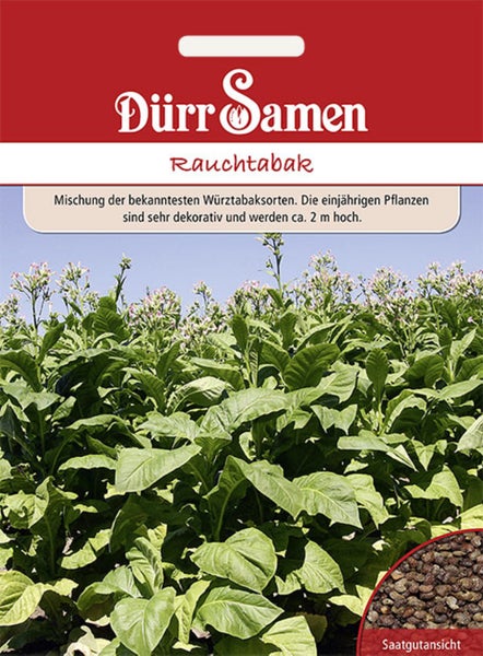 Dürr Samen Logo, Samentüte für Rauchtabak mit einer Abbildung von blühenden Tabakpflanzen und einer Detailansicht der Samen.