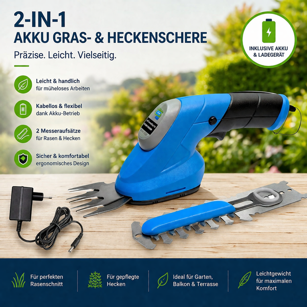 2-in-1 Akku-Gras- und Heckenschere Set mit zwei auswechselbaren Klingen für Rasen und Sträucher sowie einem Ladegerät. Leicht und kabellos.
