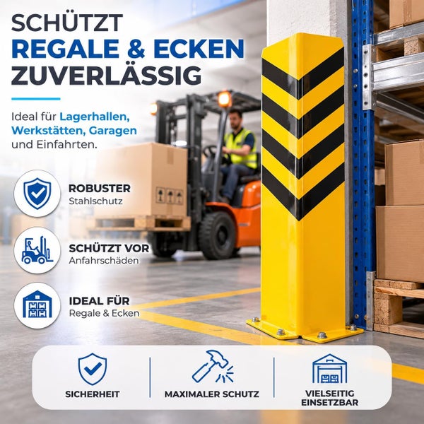 Gelb-schwarz gestreifter Eckenschutz aus Stahl an einem Lagerregal. Piktogramme zeigen Schutz vor Anfahrschäden und Sicherheit im Lager.