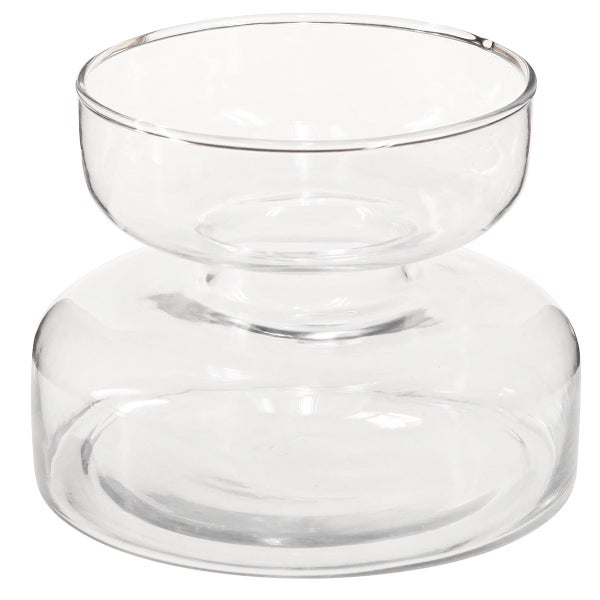 Dekorative Glasvase aus klarem Glas mit zweistufigem, bauchigem Design.