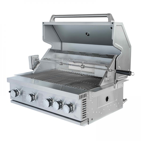 Einbau-Gasgrill aus Edelstahl mit geöffnetem Deckel, Drehspieß und vier Bedienknöpfen.
