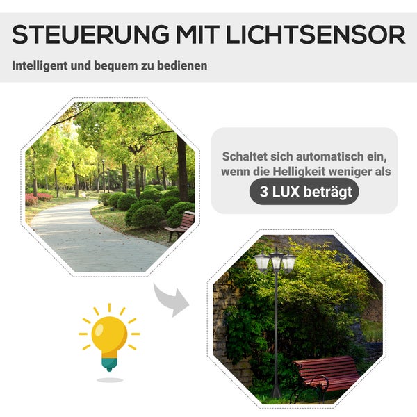 Outsunny Solar Gartenlaterne, mit 3 flammig Laterne, mit LED 120 Lumen, 51,5 x 47 x 182,5 cm, Edelstahl, Schwarz