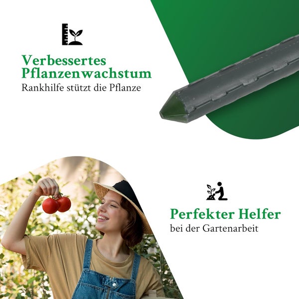 Nahaufnahme einer strukturierten Rankhilfe und eine Frau bei der Tomatenernte im Garten zur Veranschaulichung von gesundem Pflanzenwachstum.