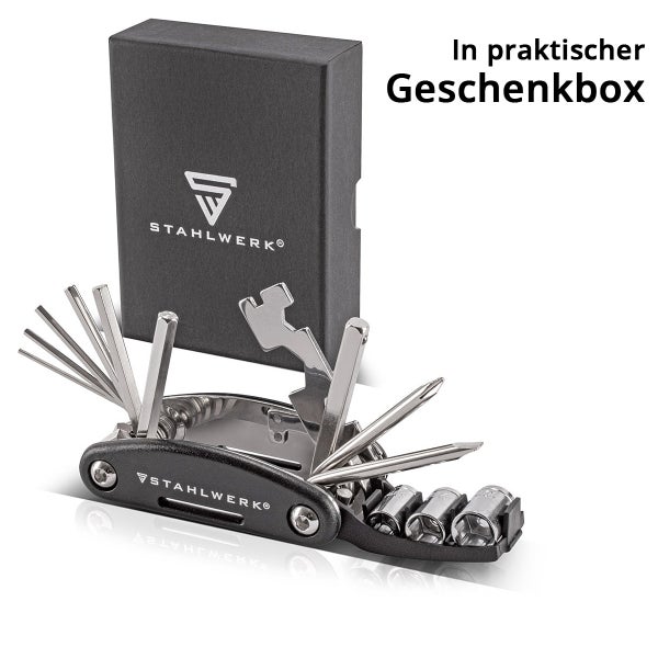 Stahlwerk Multifunktionswerkzeug mit Inbusschlüsseln, Schraubendrehern und Stecknüssen inklusive schwarzer Geschenkbox.