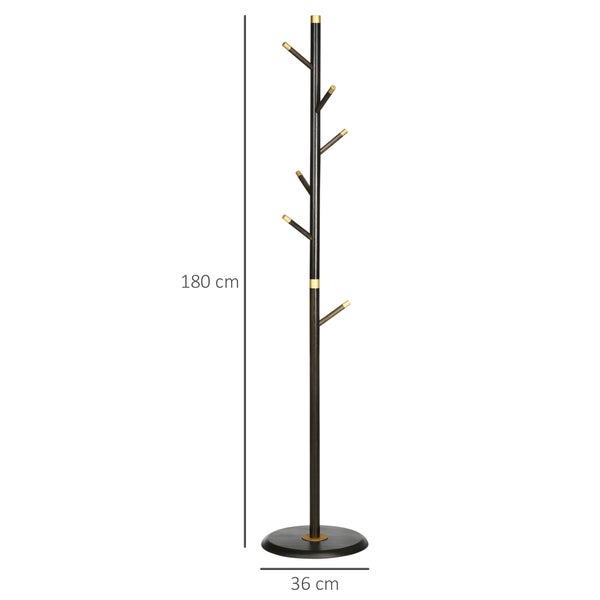 HOMCOM Garderobenständer, Garderobe mit 6 Haken, Kleiderständer, Standgarderob für Kleidung, Hüte, Flur, Eingang, Metall, Walnuss, 36 x 36 x 180 cm