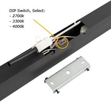 Detailansicht einer LED-Leuchte mit DIP-Schalter zur Auswahl der Farbtemperatur in 2700, 3300 und 4000 Kelvin.