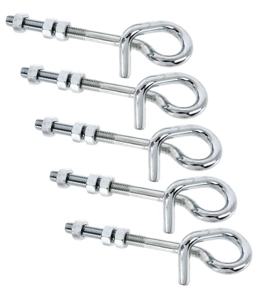 Fünf Metall Augenschrauben mit Gewinde und Muttern