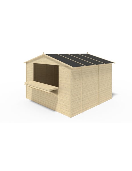 Verkaufsstand aus Holz mit Satteldach und integrierter Verkaufstheke.