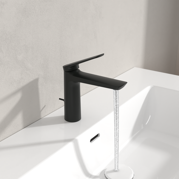 Villeroy & Boch Oasis Waschtischarmatur, Wasserhahn Bad mit Zugstange und Keramikkartusche, Waschbeckenarmatur wassersparend, Auslauf Höhe 114mm, rund, Matt Black