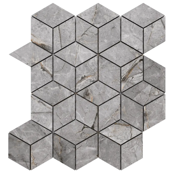 Mosaikfliese mit dreidimensionalem Würfelmuster in Marmor-Optik.