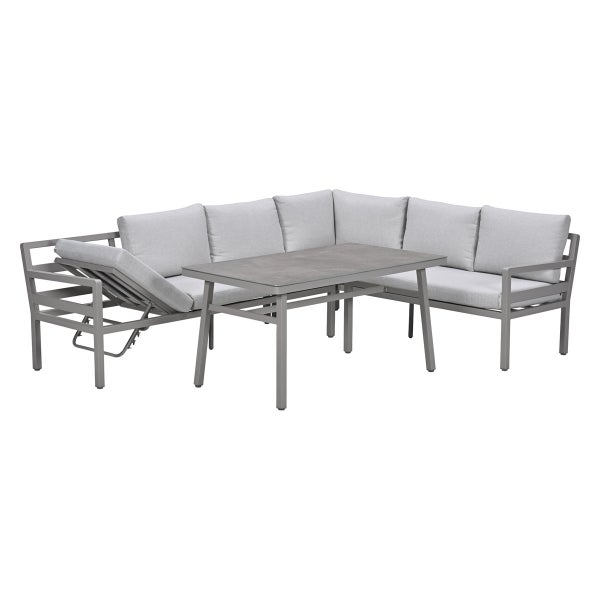 Garten-Lounge-Set bestehend aus einem Ecksofa mit verstellbarem Seitenteil und einem Esstisch, Metallgestell mit grauen Polstern.