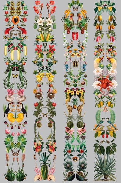 Illustration von tropischen Pflanzen, Früchten und Tieren in vertikalen Mustern