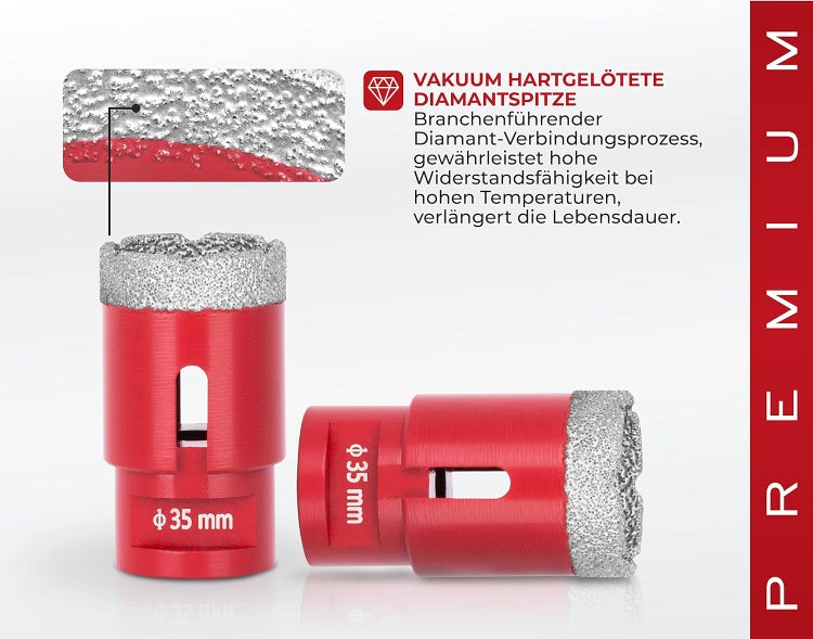 PROREGAL Diamant Bohrkronenaufsatz Premium Crystal 35 mm für Fliesen Glas Feinsteinzeug Keramik Granit Steinfliesen Winkelschleifer Flex M14