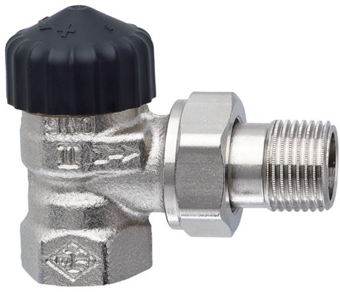 Heizkörper-Eckventil aus vernickeltem Messing mit schwarzer Kunststoffkappe und Schraubgewinde.