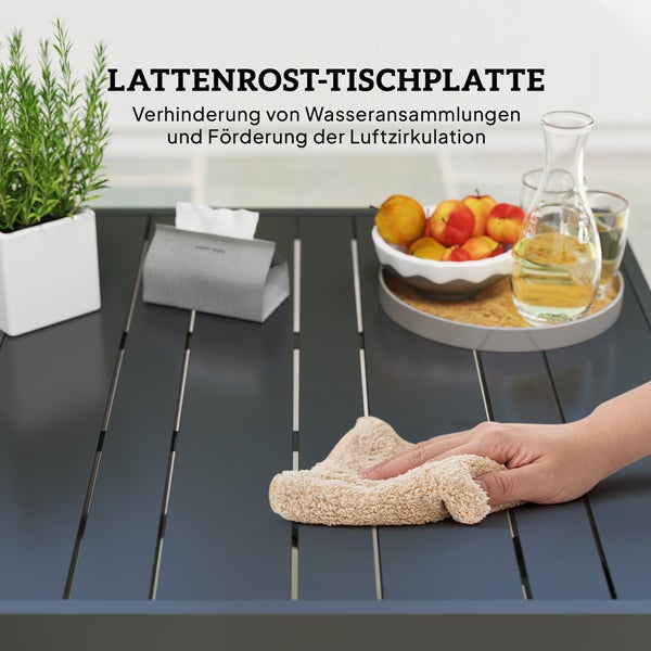 Outsunny Gartentisch 152x90 cm, Wetterfest Balkontisch aus Stahl, Beistelltisch mit Schirmloch, Latten-Design Esstisch Outdoor, Campingtisch, rechteckig Terrassentisch für Garten Balkon Schwarz