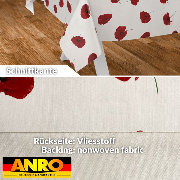 Wachstischdecke mit Mohnblumenmuster, Detailansicht der Schnittkante und der Rückseite aus Vliesstoff. ANRO Logo.