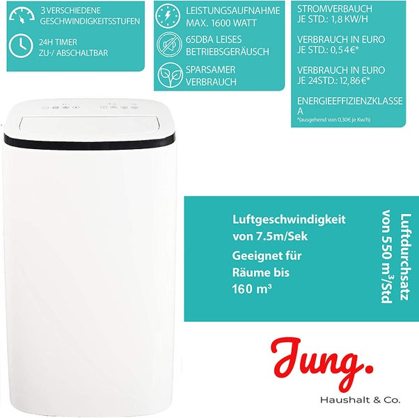 Mobiles Klimagerät mit technischen Informationen und Jung. Haushalt & Co. Logo