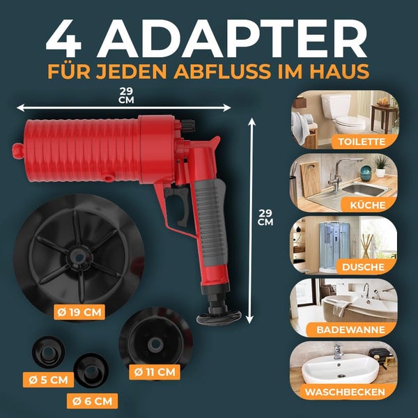 Druckluft-Rohrreiniger in Rot mit vier Gummiaufsätzen für Toilette, Küche, Dusche, Badewanne und Waschbecken. Maße 29 mal 29 Zentimeter.