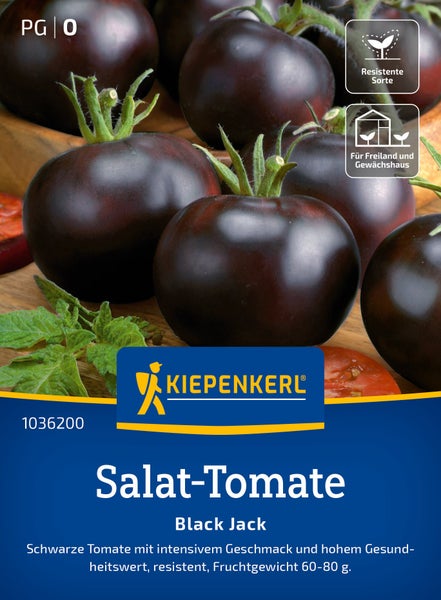 Saatgut für Kiepenkerl Salat Tomate Black Jack, eine widerstandsfähige schwarze Sorte für Freiland und Gewächshaus mit 60 bis 80 Gramm Fruchtgewicht.