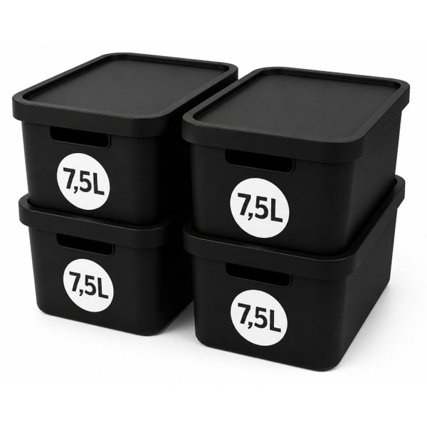 Set aus vier Kunststoff Aufbewahrungsboxen mit Deckel und einem Volumen von je 7,5 Liter zur Organisation von Gegenständen.