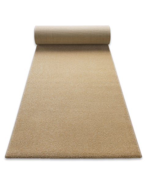 Beige Teppichläufer Meterware, teilweise ausgerollt, mit geketteltem Rand.