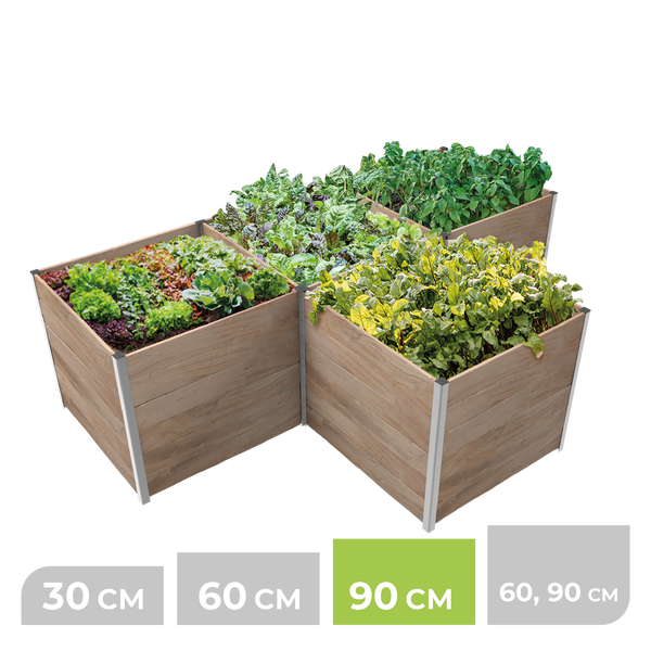Modulares Holz-Hochbeet-System in verschiedenen Höhen, bepflanzt mit Gemüse, Fokus auf die Höhe 90 Zentimeter.