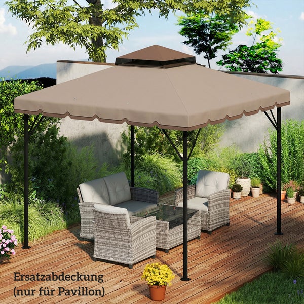 Ersatzabdeckung für einen Gartenpavillon auf einer Holzterrasse mit Gartenmöbeln aus Polyrattan und grüner Bepflanzung.