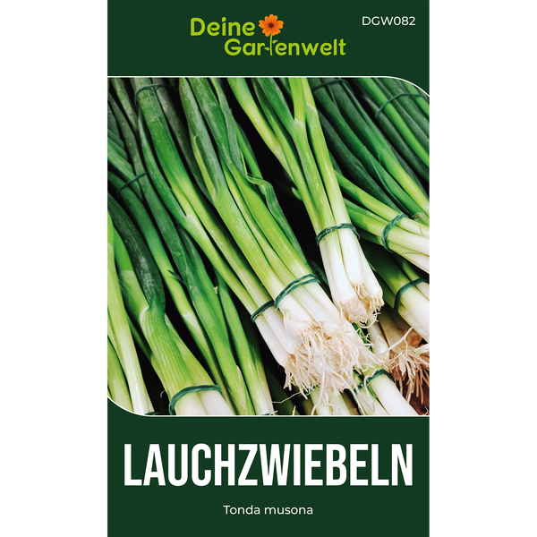 Samentüte für Lauchzwiebeln Tonda musona von Deine Gartenwelt mit Abbildung von gebündelten Frühlingszwiebeln.