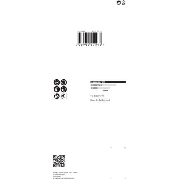 Verpackungshinweise zu Bosch Schleifscheiben: Sicherheitshinweise, Leistungsvergleich Bosch Expert, Barcode und Herstellerinformationen.